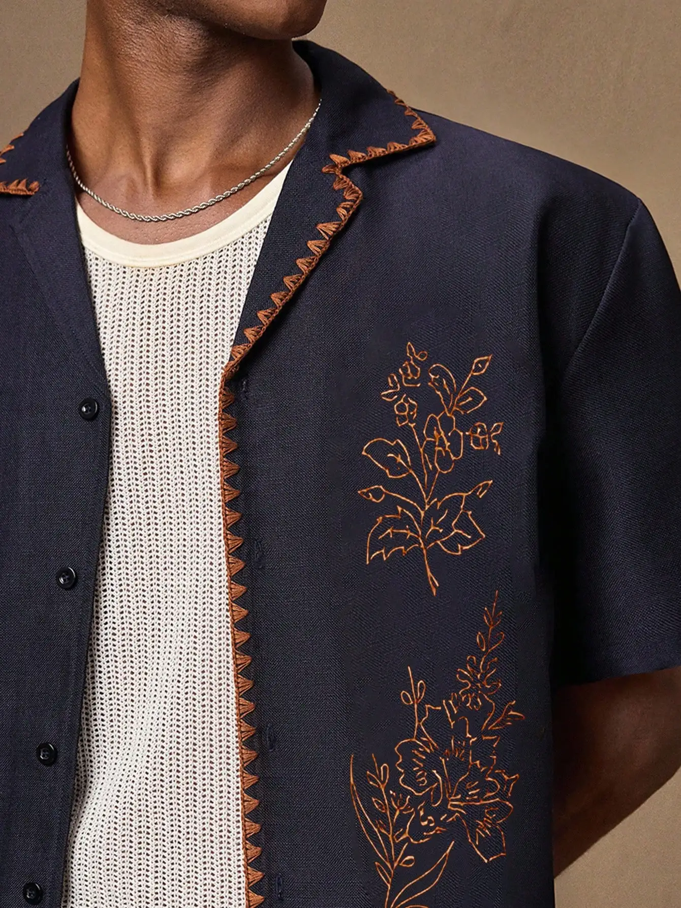 

Men's Navy Blue Short Sleeve Shirt with Brown Floral Embroidery, Slim Fit, Casual Wear