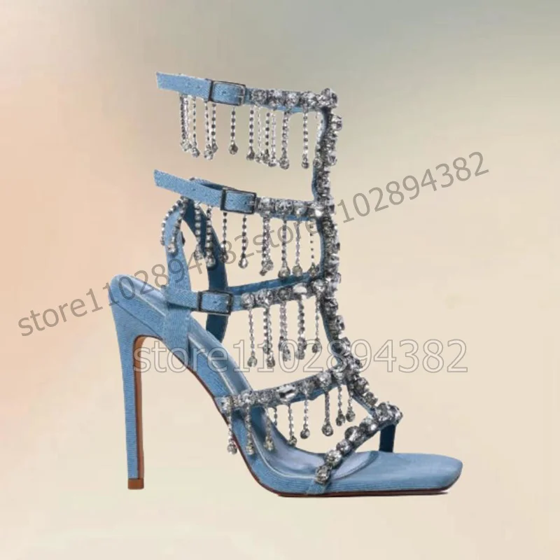 

Blue Denim Crystal Tassels Hollow Design Sandals Ankle Buckle Strap Women Shoes Thin High Heels Fashion 2023 Zapatos Para Mujere