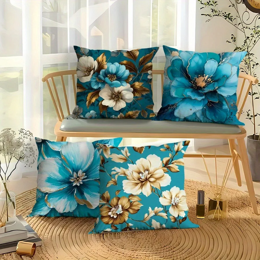 

Легкая роскошная синяя наволочка с цветком персика и сусальным золотом, подходит для дивана, автомобиля, спальни, декоративная наволочка, наволочка