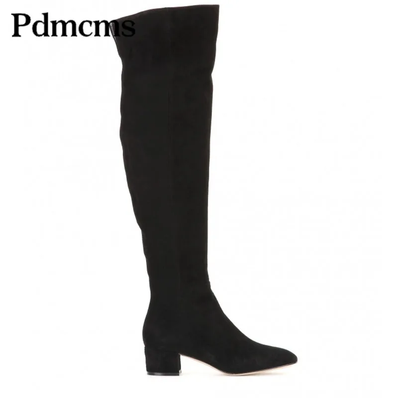 

2025 Women's Autumn and Winter Over The Knee Warm Fashion Round Toe Mid Heeled Artificial Plush Boots Botas Mujer Suede Pumps