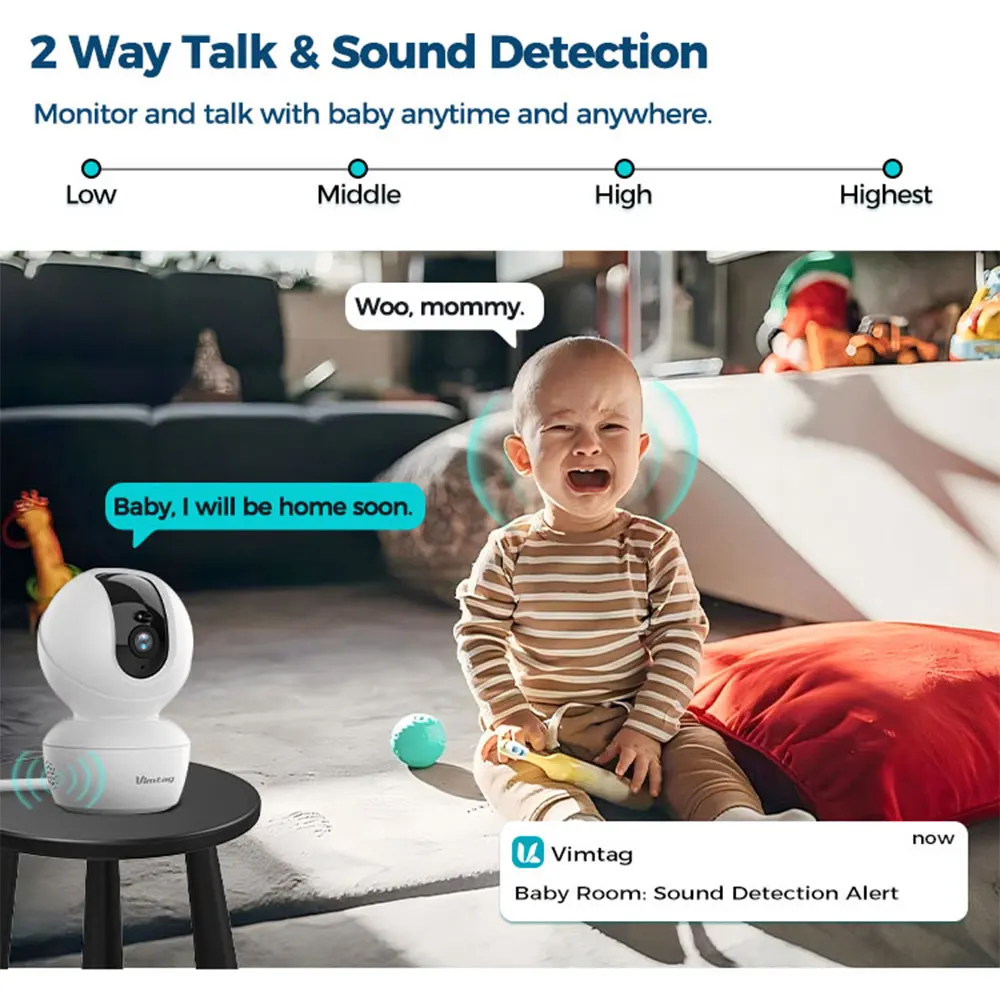 VIMTAG 3.5K WIFI Camera Indoor Security Cam 360 PTZ Auto Track IR Night Vision AI Detection Baby Monitor Surveillance Camera IP