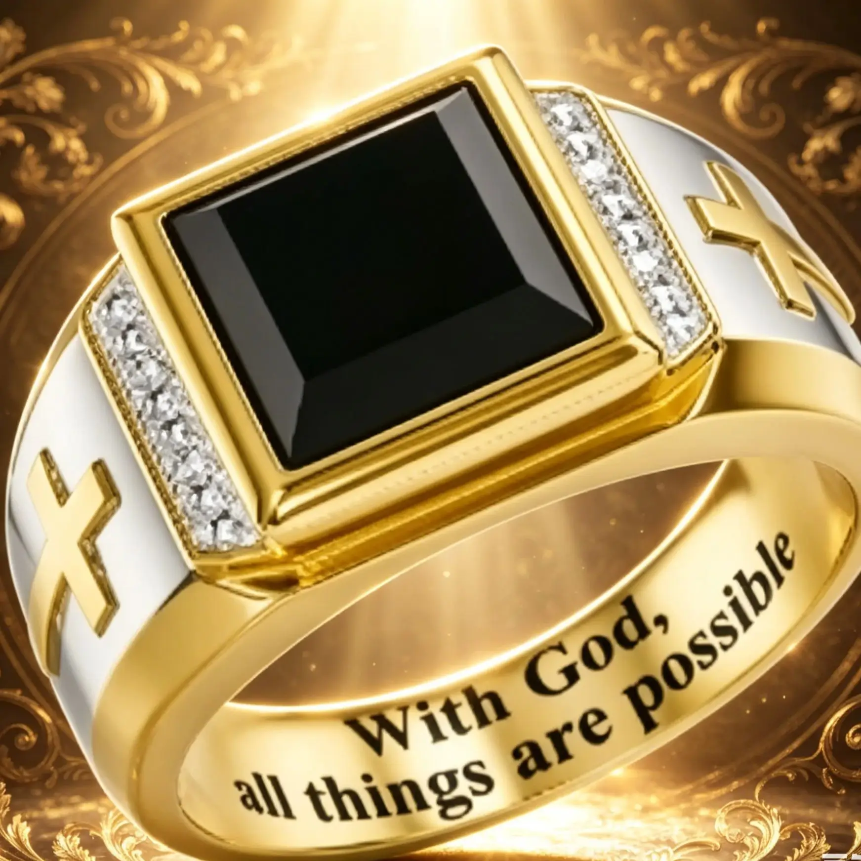 European and American Cross Black Agate Men's Ring - Faith in God's Possibility of Everything - Ring