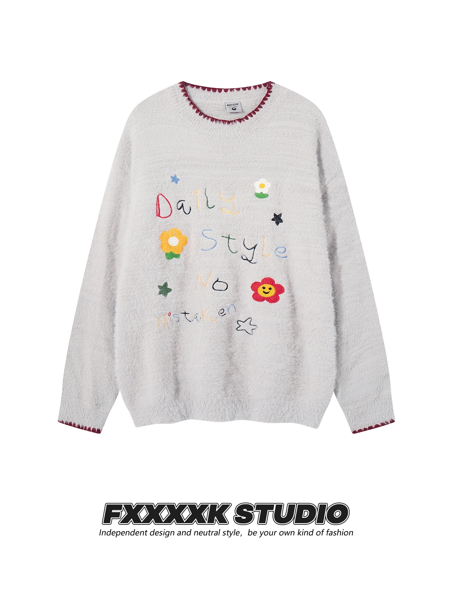 

Свитер FXK в американском стиле, свободного кроя, вязаный, с вышитыми цветами и буквами, с искусственным мехом, для пар, осенняя коллекция