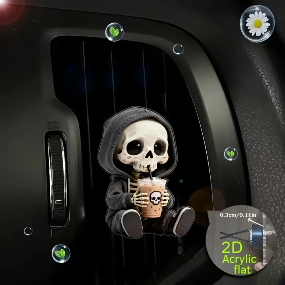 2D Flat Acrylic Car Stone Car Air Outlet Decoration Aroma Diffuser Halloween Skeleton Embracing Milk Tea Car Interior Accessory