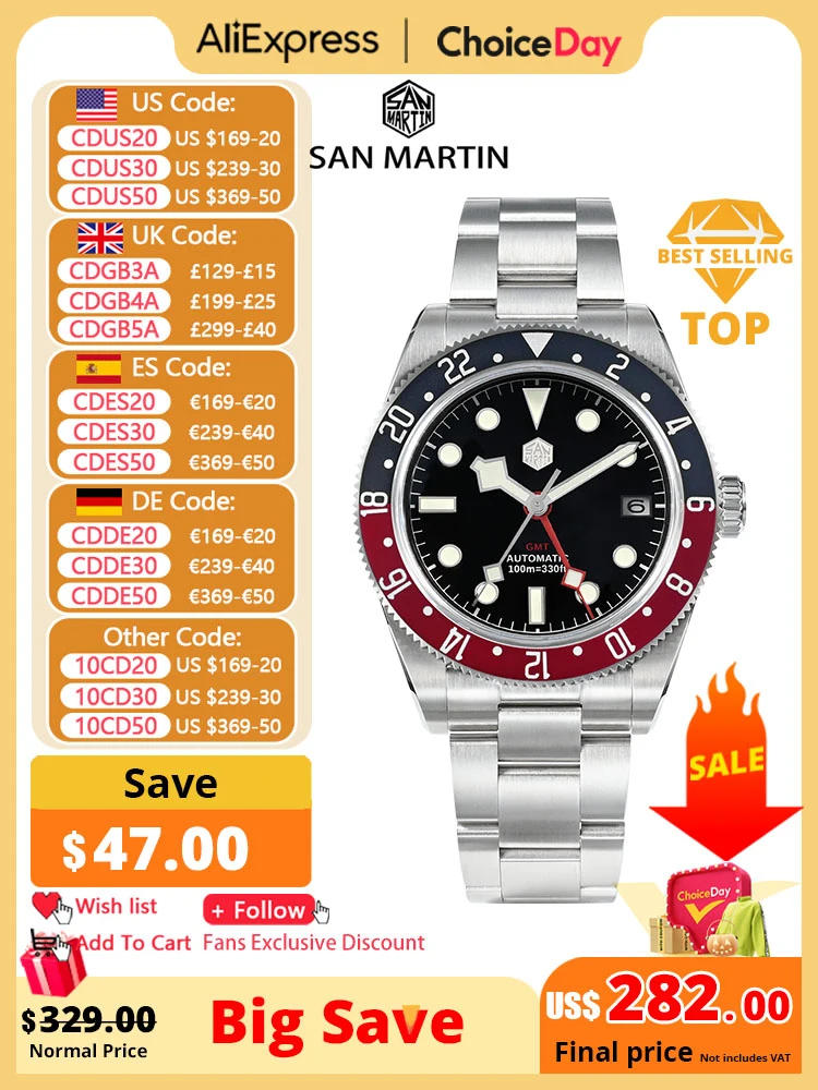 San Martin 39.5mm NH34 GMT Men Luxury Watch Bidirectional Aluminum Bezel Automatic Mechanical Sapphire 100M Waterproof  SN0109