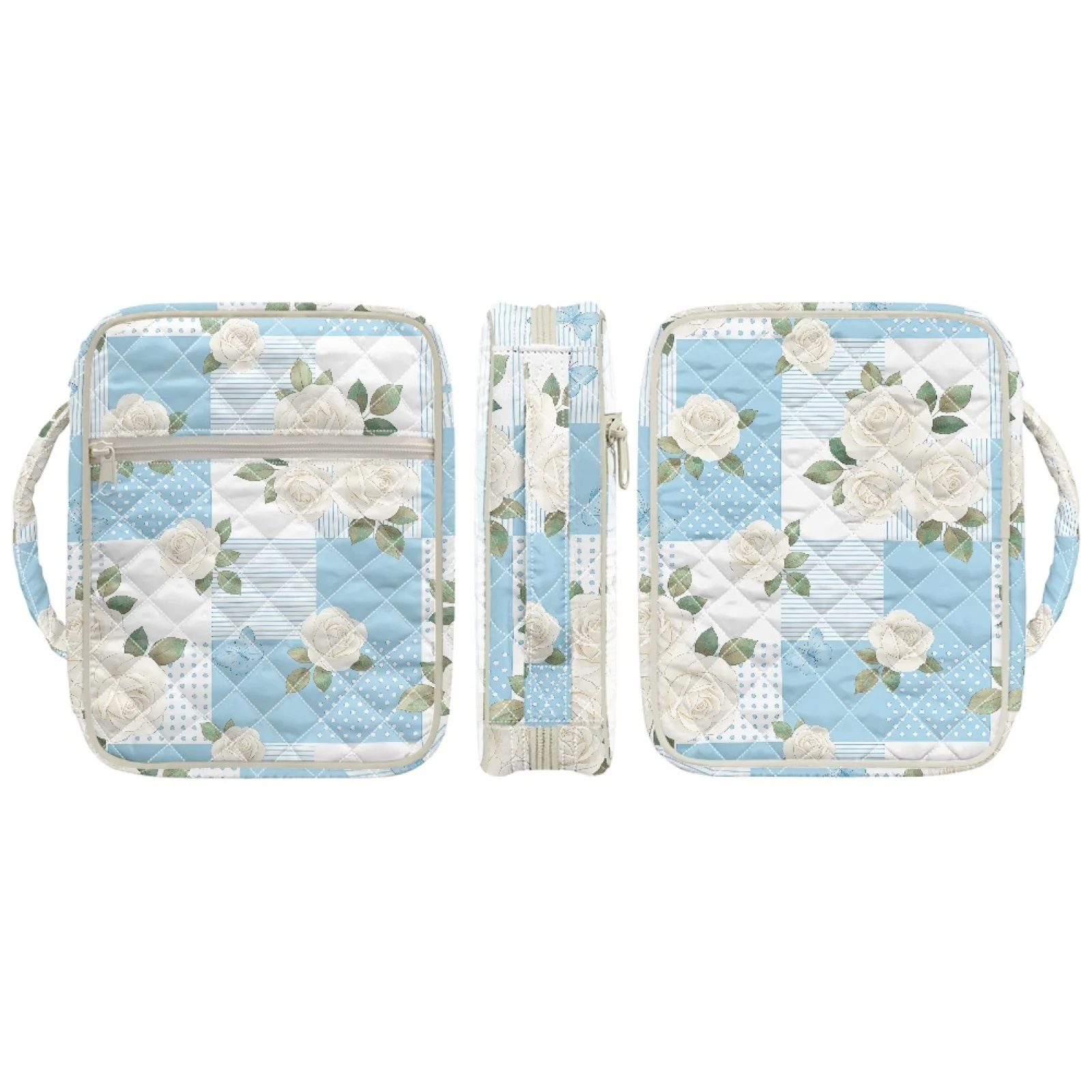 Coloranimal Blue Check Rose 2026 Trending Quilted Bible Cover Case for Daily Life Polyester Fabric Quilted Bible Covers