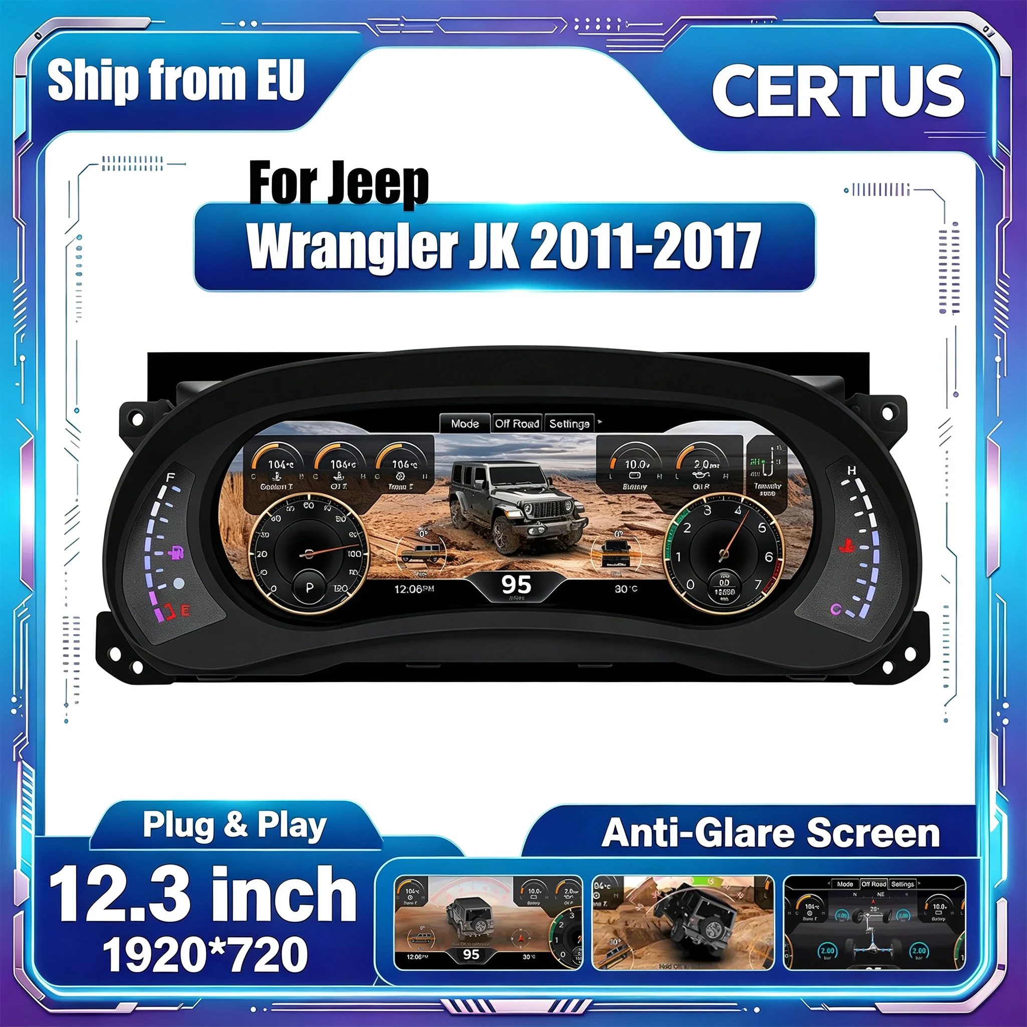Compteur de Bord Numérique Virtuel pour Jeep Wrangler JK / JKU 2011-2017, Écran IPS 12.3 Pouces Plug & Play, Compteur de Vitesse avec Horloge, Compatible Unlimited, Sahara, Sport, Rubicon
