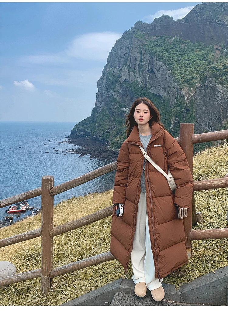 معطف منتفخ بني بطول الركبة للنساء شتوي كبير الحجم سميك بياقة واقفة سترة قطن كورية طويلة سترات خبز دافئة #4
