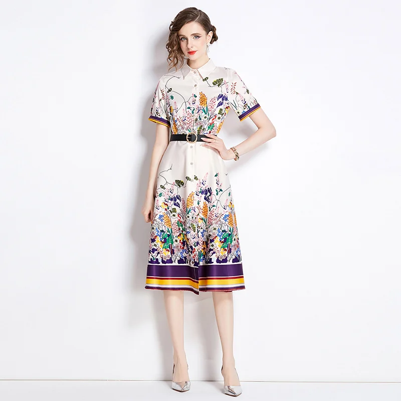 

Runway Design Fashion Floral Print Elegant Summer Pleated Midi Long Dress Shirt Street Casual Belt Lady Office Work Vestidos