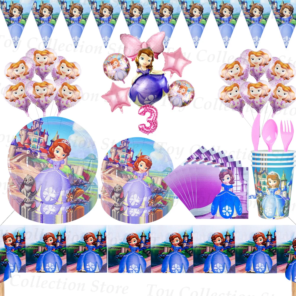 

Cartoon Sofia Party Supplies Anime Figure Girls Children's Birthday Party Decoration Cups Ballons Tablecloth Event Gifts Disney