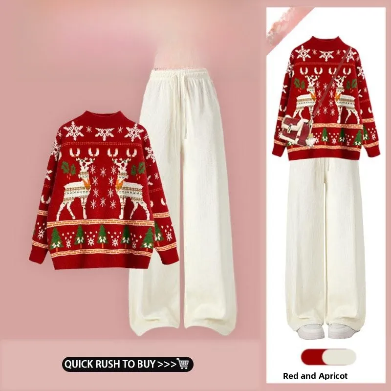 

Красный вязаный свитер и брюки прямого кроя: комплект с круглым вырезом и высокой талией, осенне-зимний новый модный женский ансамбль