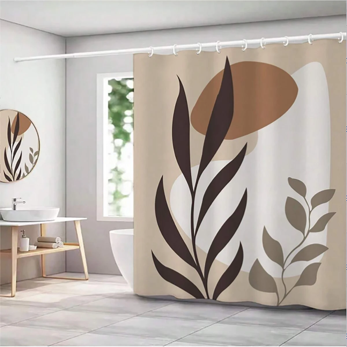 1 pc polyester material shower curtains with leaf illustrations, waterproof fabric, thickened anti mold partition curtains,