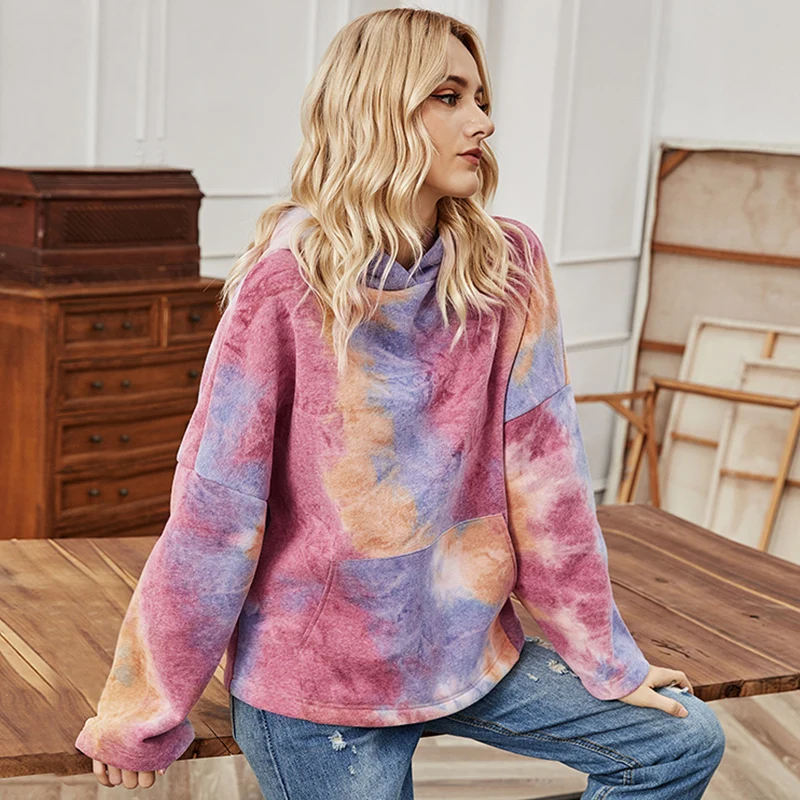 

2021 Spring Fashion Tie-dye Hooded Sweatshirt Women Autumn Long Sleeve Print Loose Pullover with Big Pocket Hoodies Streetwear