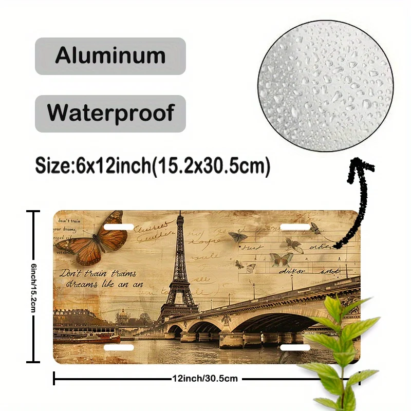 1pc [JIT] Fit Aluminum Car License Plate Frame with Vintage Paris Eiffel Tower & London Bridge Design - Heavy-Duty Waterproof Fr