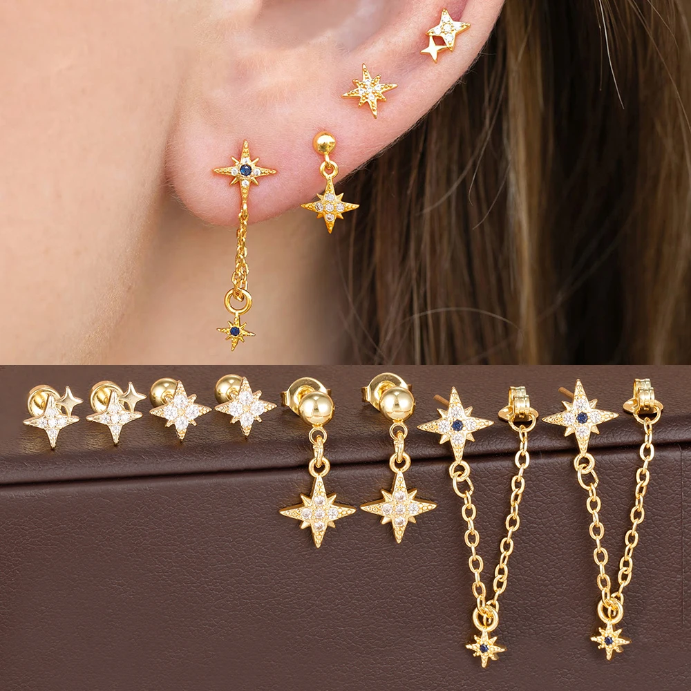 4PCS/8PCS Zircon Long Tassel Chain Pendant Earrings Sets For Women Stainless Steel Twinkle Star Ear Stud Daily Wear Jewelry