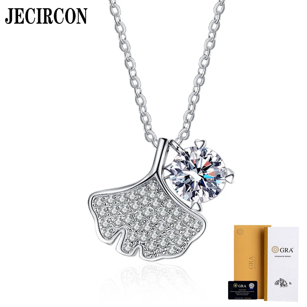 

JECIRCON S925 All-over Sterling Silver Flash Diamond Necklace for Women Ginkgo Leaf Moissanite Pendant Simple Clavicle Chain 1ct