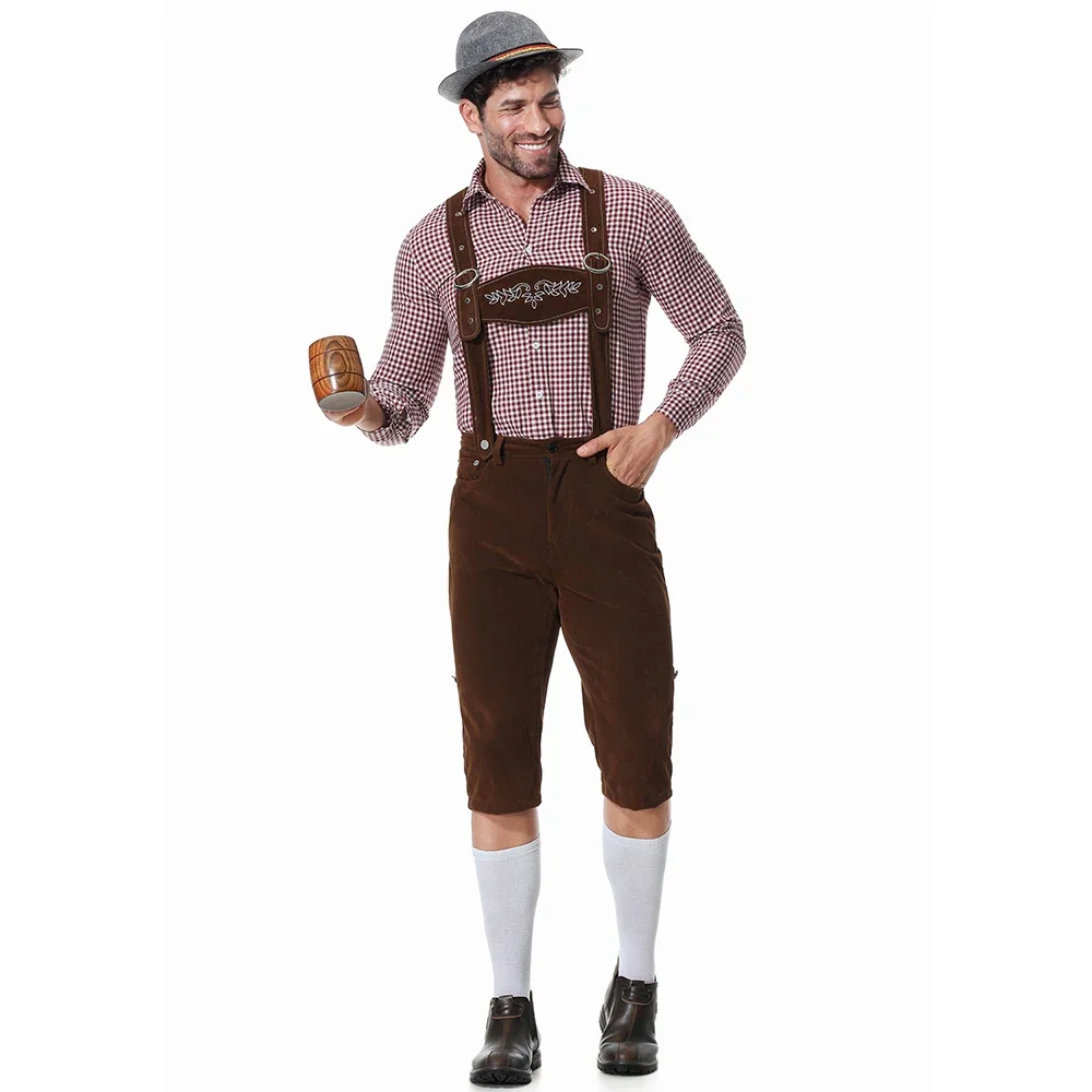 Herren Bayerisches Oktoberfest Lederhosen Kostüm Deutsches Bierfest Hosenträger Strampler Hemd Hut Set Halloween Cosplay Kostüme – Detail 7