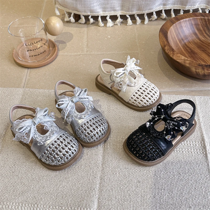 Girls Weave Toes Capped Sandals Kids Summer Beach Shoes Breathable Hollow Out Fashion Children Princess Shoes with Bow-knot