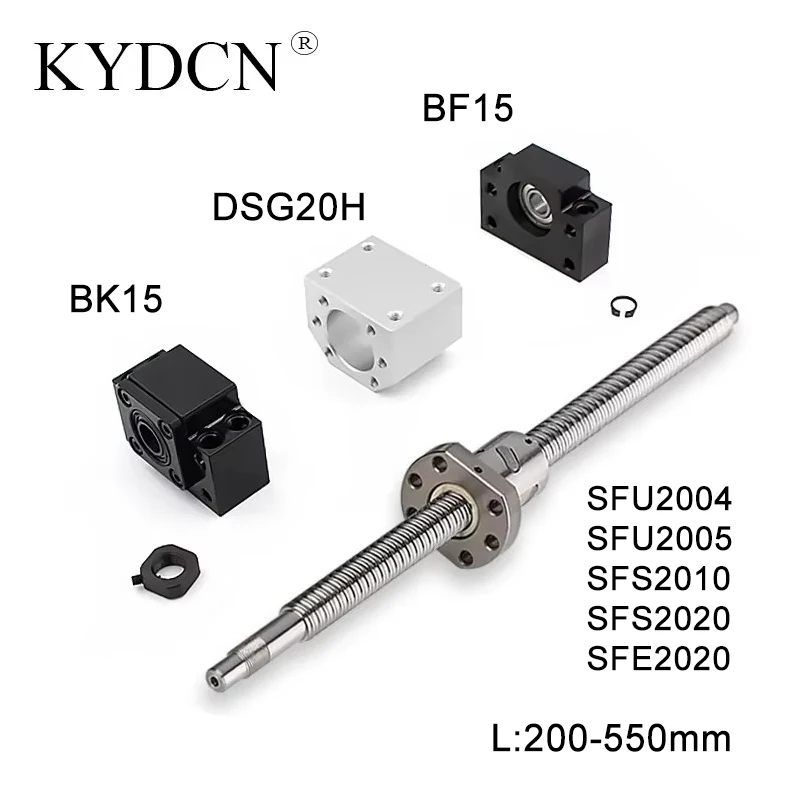 

KYDCN CNC Ball Screw Nut 20mm SFU2005 SFU2004 SFS2010 Ballscrew Set + BKBF15 Support + DSG20H Nut Housing