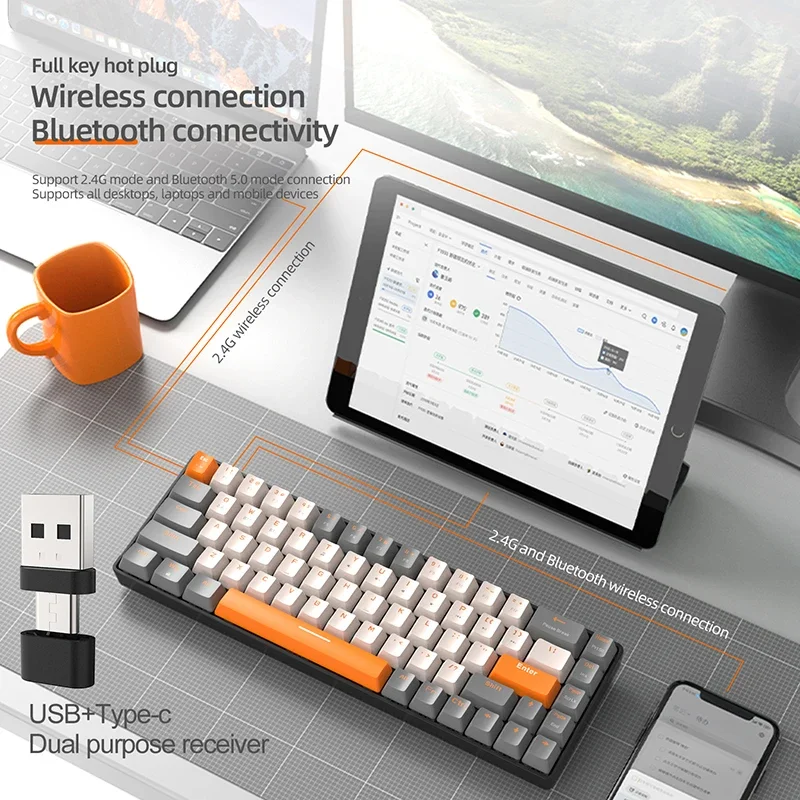 Imagem -06 - Mini Teclado Mecânico para Jogos Interruptor Azul Vermelho Permutável 68 Teclas 2.4g Bt5.0 Pbt K68