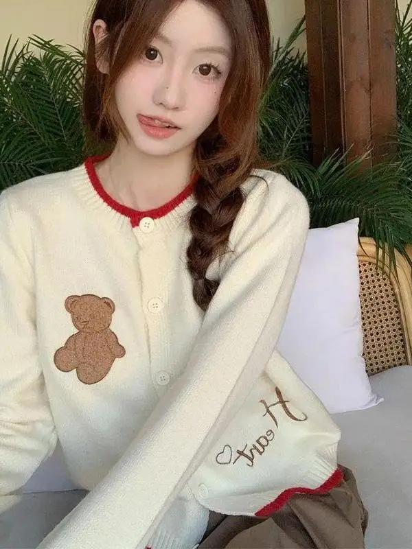 Cute Bear Embroidery Pure Color Long Sleeve Knitted Open Cardigan Women Loose New Style Sweater Short Coat Unique Top Women