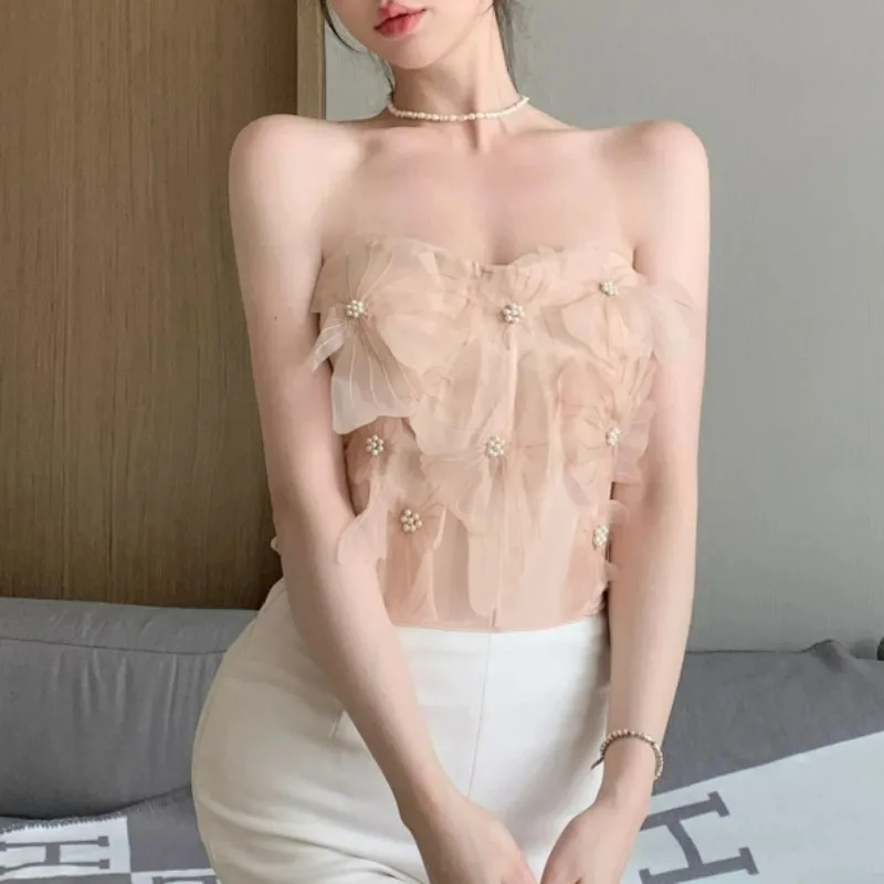 المرأة الصيف أنيق شبكة ثلاثية الأبعاد زهرة مطرز شيك قميص مثير قبالة الكتف لطيف الحلو بلوزة الإناث أكمام سليم الجنية المحاصيل القمم