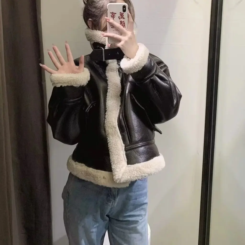 여성용 두꺼운 터틀넥 PU 가죽 재킷 겨울 INS 핫걸 레이스업 양털 지퍼 코트 (미국 디자이너)