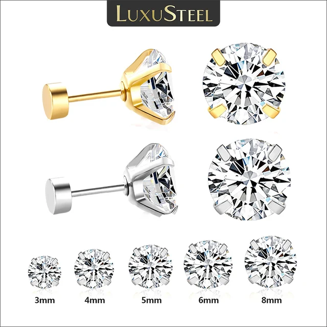 LUXUSTEEL 1Pairs/2Pcs Kolczyki sztyfty ze stali nierdzewnej dla kobiet Mężczyźni 4 Prong Tragus Okrągła przezroczysta cyrkonia Biżuteria do uszu