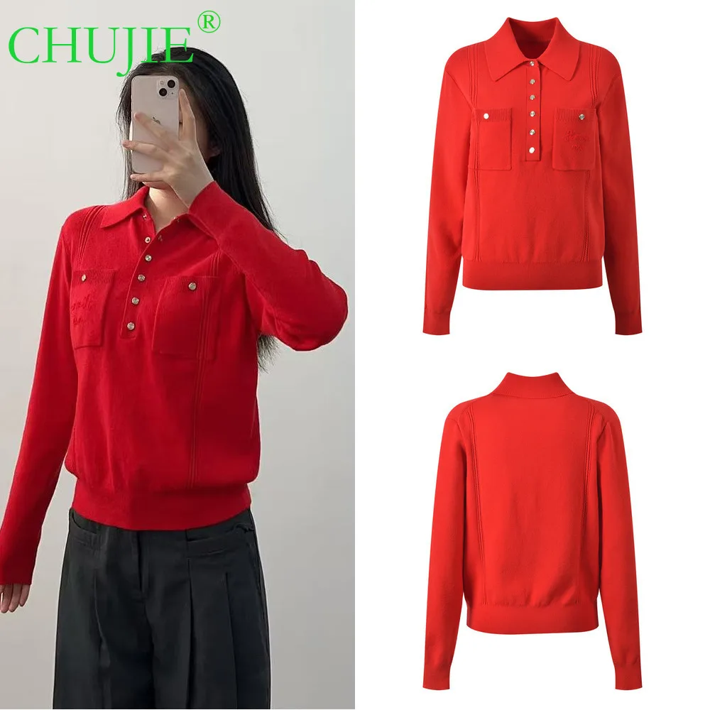 

CHUJIE 2025 Autumn Winter New Red Polo Collar Elegant Fashion Commuting Casual Versatile Short Knitted Pullover Top