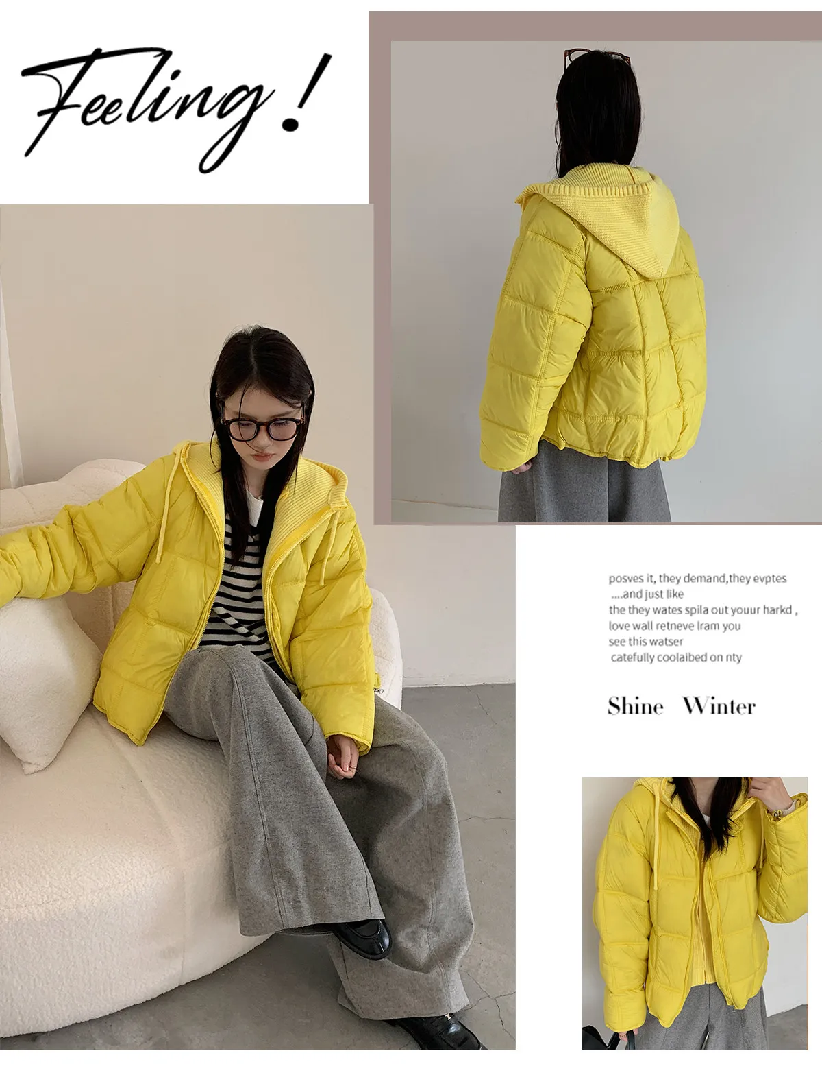 Korean Knit Hood Patchwork Short Puffer Jacket Women Loose Lightweight Warm Padded Parkas Women Solid Color Zipper Winter Jacket