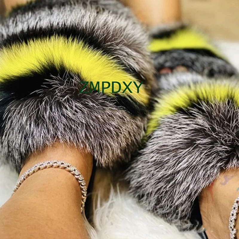 Wholesale New Designer Indoor EVA Racoon Furry Big Fur Slides Sandals Vendor Colorful Fluffy Fox Raccoon Fur Slipper For Women