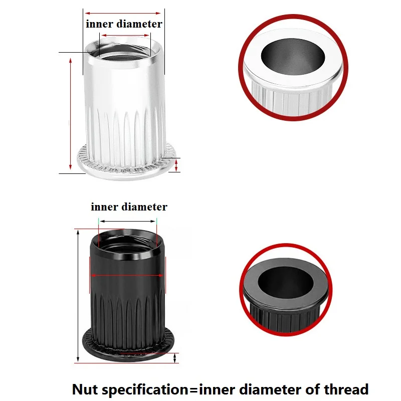 Blind Rivet Nut Black 304/316 Stainless Steel M3~M12 Flat Head Knurled Rivet Nut Threaded Insert Nuts
