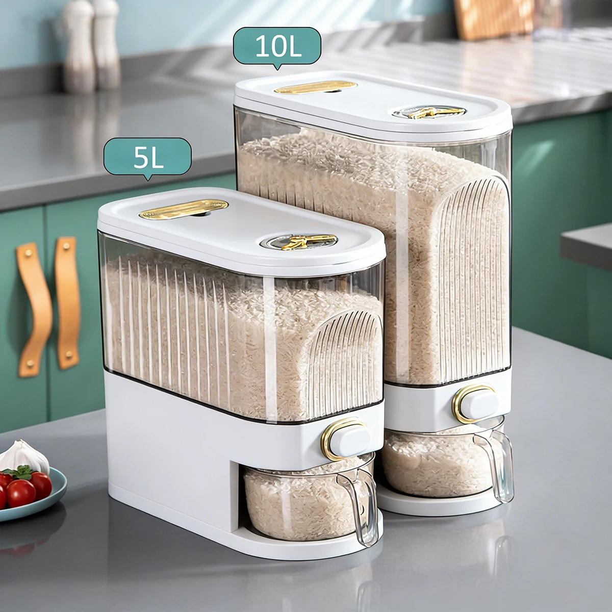 

Large capacity kitchen grain storage sealed box with timer and measuring cup dustproof food dispenser