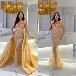 SILIWEYA Exquisite Mermaid Gold Evening Dress long sleeves Sweetheart Illusion Beading Prom Gowns Party Dresses Custom Made