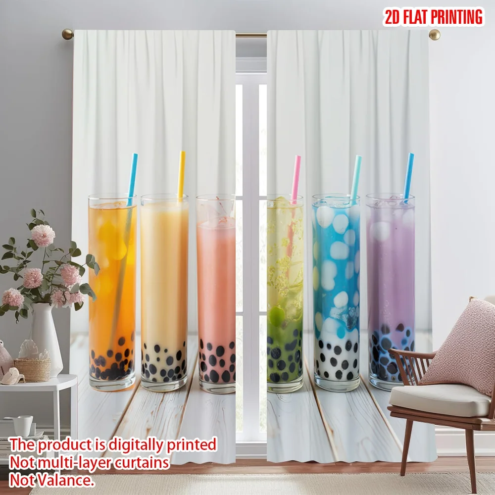 

2D flat printing 2pcs Curtain Colorful Bubble Tea Drinks Digital Printed Polyester Drapes Festive Curtains Use for Bedroom