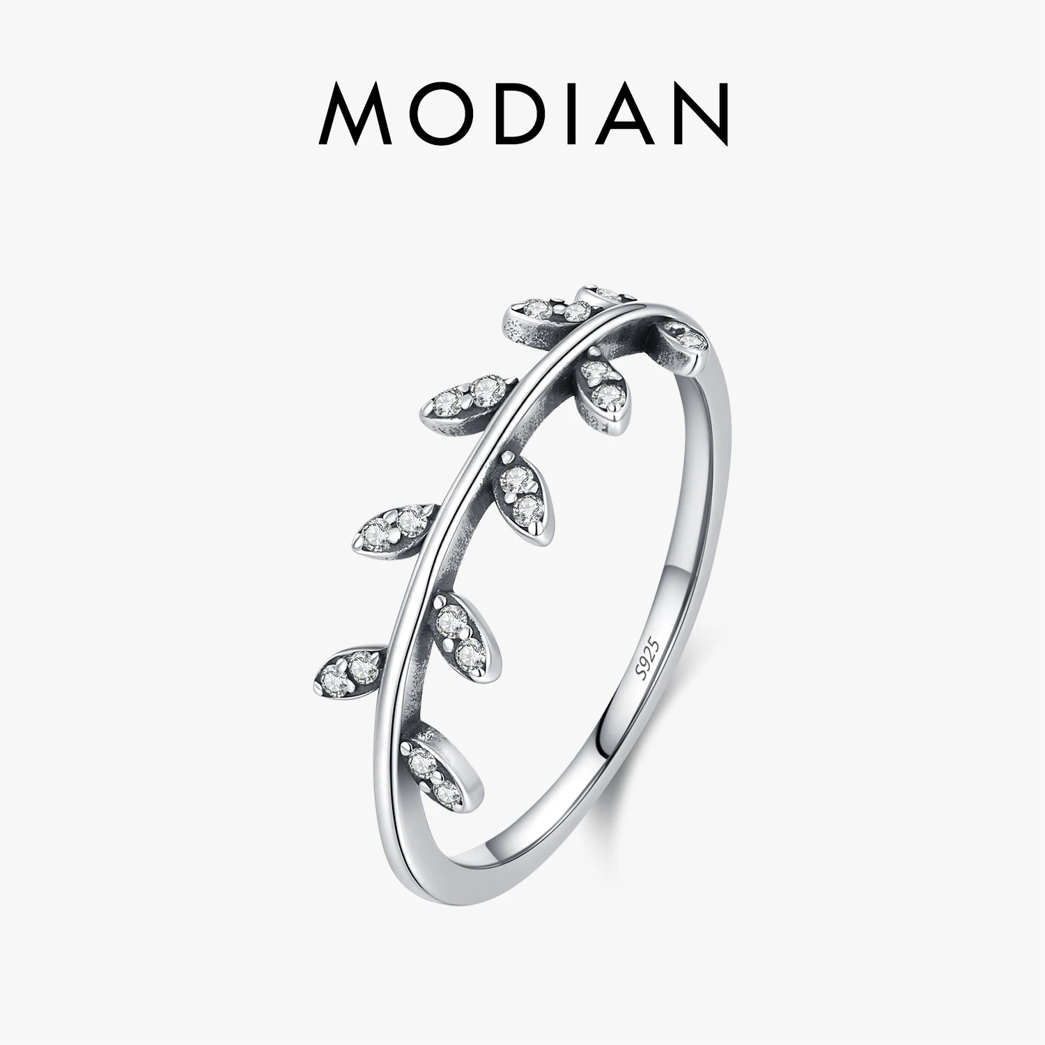 MODIAN Anel de prata esterlina 925 com zircônia transparente, galho de oliveira, anéis finos empilháveis para mulheres, joias finas da natureza