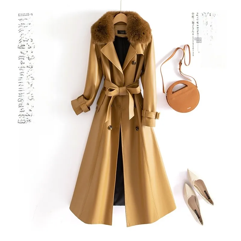   Jaqueta Feminina de Couro Genuíno Ning, Comprimento Médio, Nova Versão Coreana 2025, Casaco Slim de Pele de Carneiro Preto, Tendência Primavera Outono