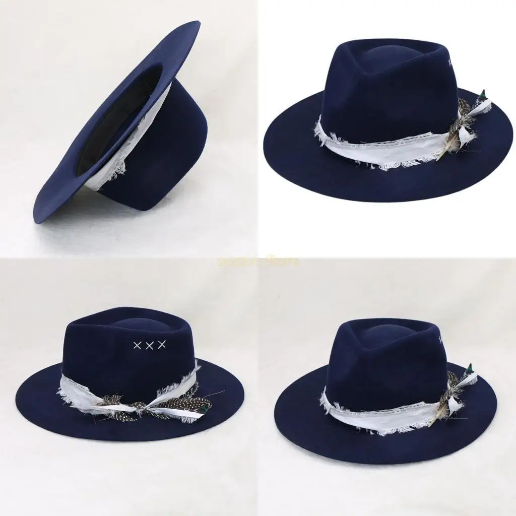 

31BF Trendy Wool Western Hat Woven Belt Gentleman Hat for Music Festival Daily Wear