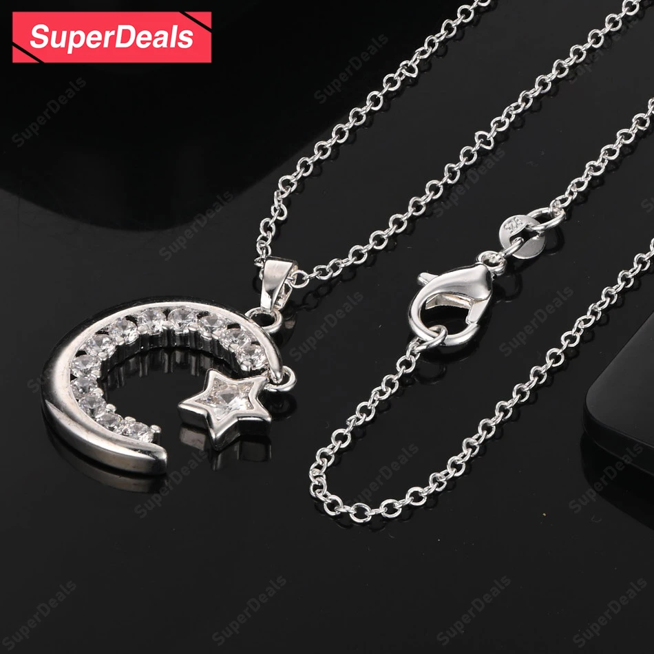 SuperDeals AAA Zircon 925 Sterling Silver Moon Star Pendant Necklace Mother'S Day Gift Birthday Party Exquisite Pretty Jewelry