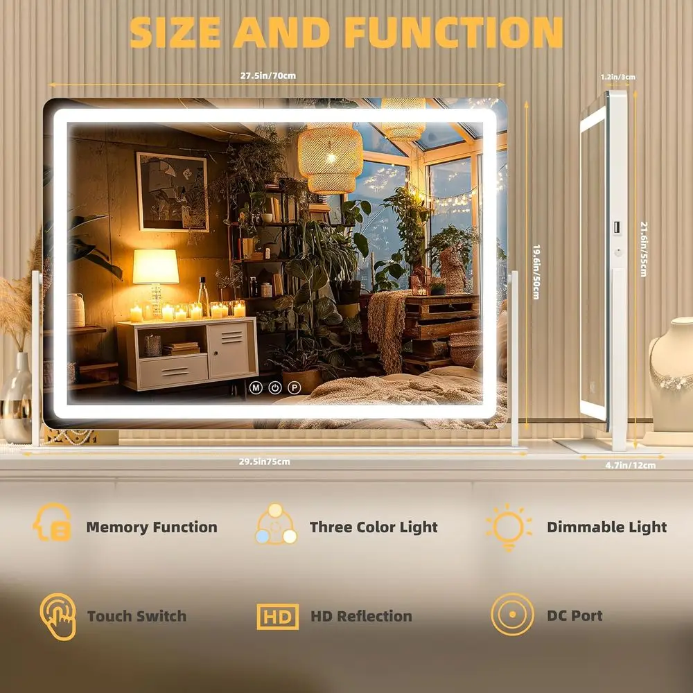 مرآة زينة LED بيضاء مستديرة، 29.5 × 22، شاشة تعمل باللمس، إضاءة بثلاثة ألوان، مرآة مكياج قابلة للتعتيم للمكتب #2