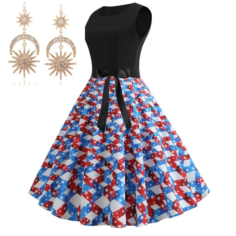 USA Flag Print 1950s Independence Day Hepburn Patchwork Dress with earring Women Summer Party Club Dresses Streetwear Plus Size