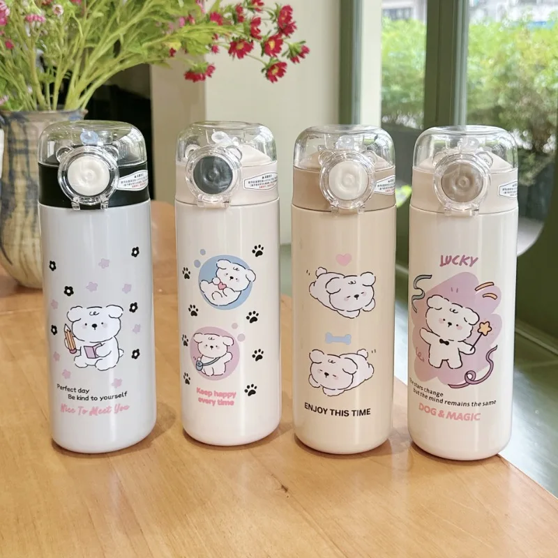 

500ml Kawaii Thermos Bottle Stainless Steel Kids School Water Bottle with Straw Cute Leak Proof Portable Tumbler Drinking Bottle