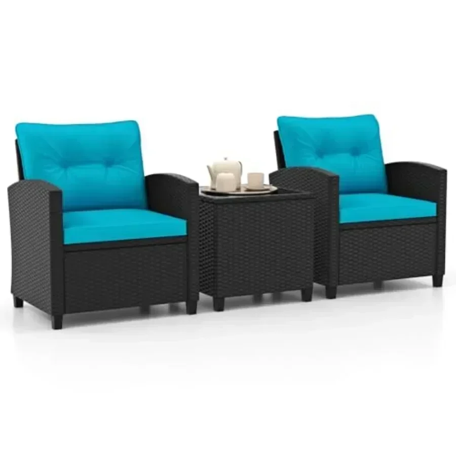 3 Pieces Wicker Patio Conversation Set, PE Rattan Bistro Sofa Set with Tempered Glass Coffee Table, Washable Cushions, Outdoor