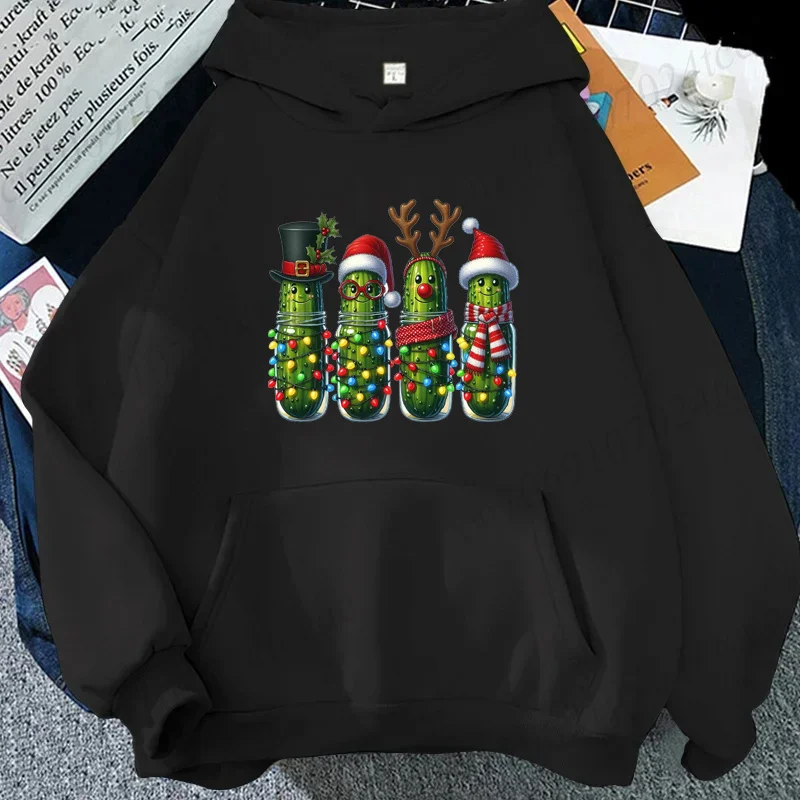 Funny Christmas Pickle Graphic Hoodies for Women Men Holiday Cucumber with Lights Print Sweatshirts Holiday Party Hoodies Gift