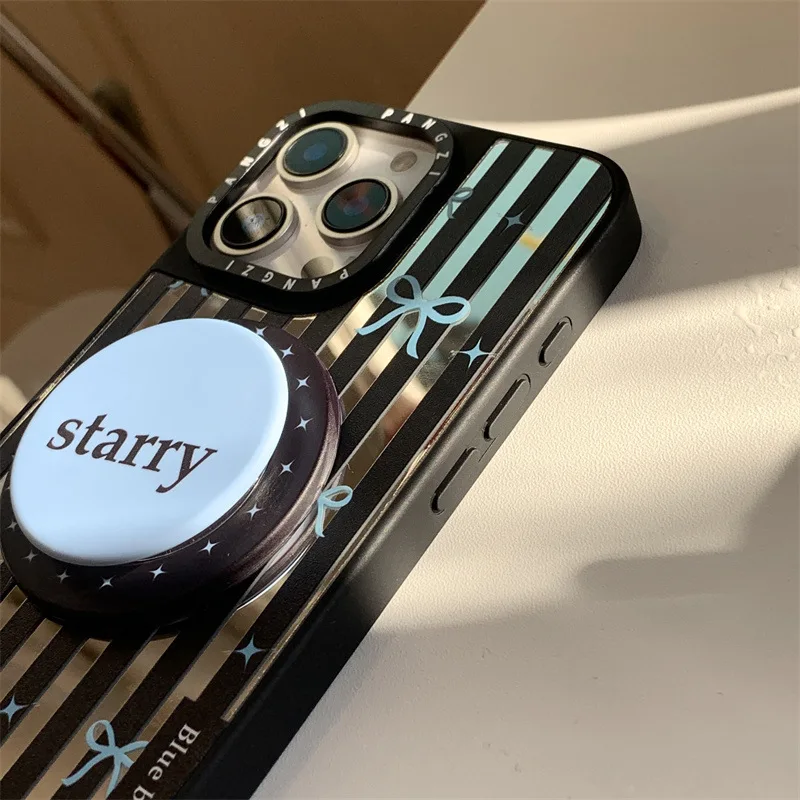 الرجعية شريط مرآة الأزرق ربطة القوس فيونكة جراب هاتف ل magsafe آيفون 16 15 14 13 برو ماكس حافظة لطيف الحلو الفاخرة تصفيح غطاء الكرتون