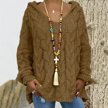 Women's Twist-Knit Hooded Sweater 3 20 Colors Women Loose Twist Knot Knitted Sweaters Autumn Winter Female Knitwear Hoodie Pullover Coats XXBLH-1058 3