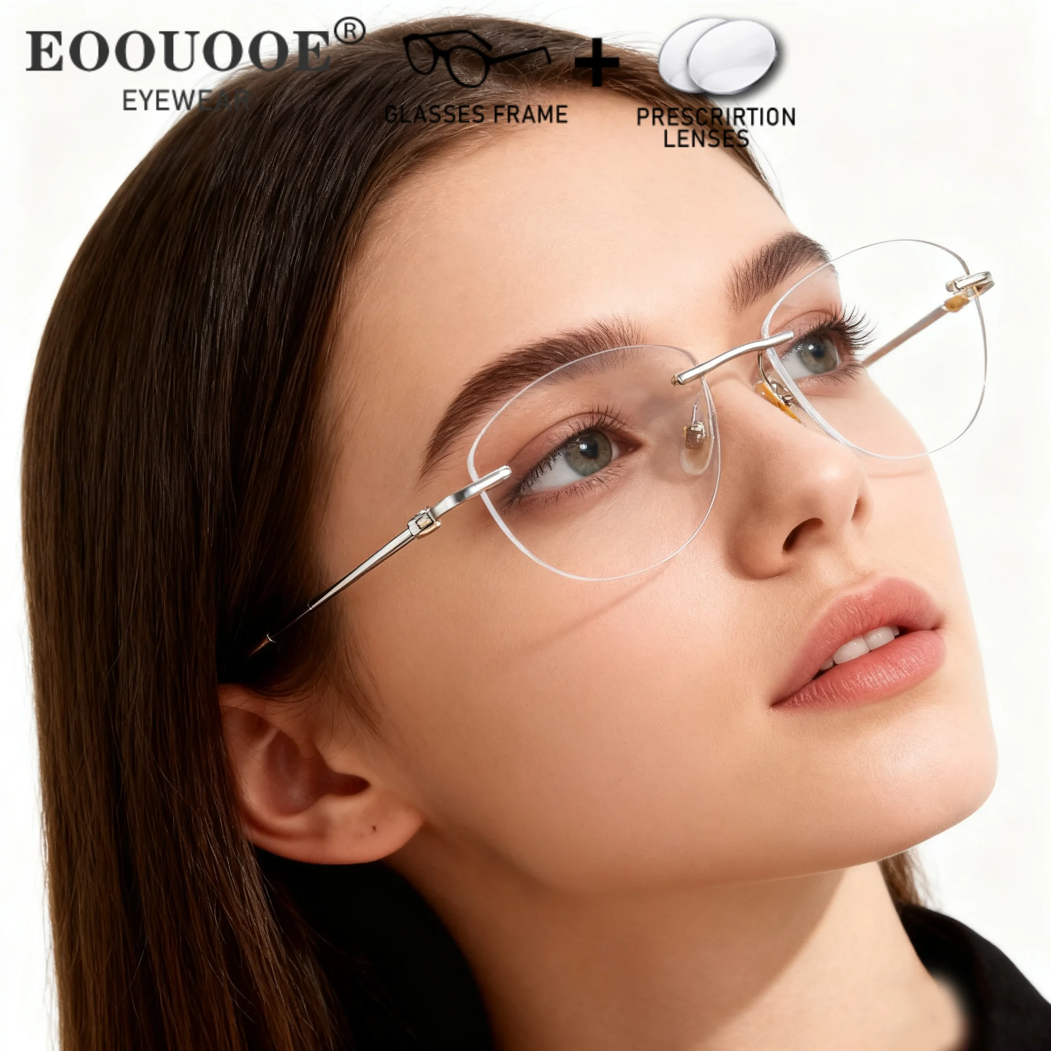Cat Eye Rimless Glasses Fashion Women 1.61 HD Prescription Glasses Lenses Progressive Myopia Reading 6g Titanium Eyeglasses