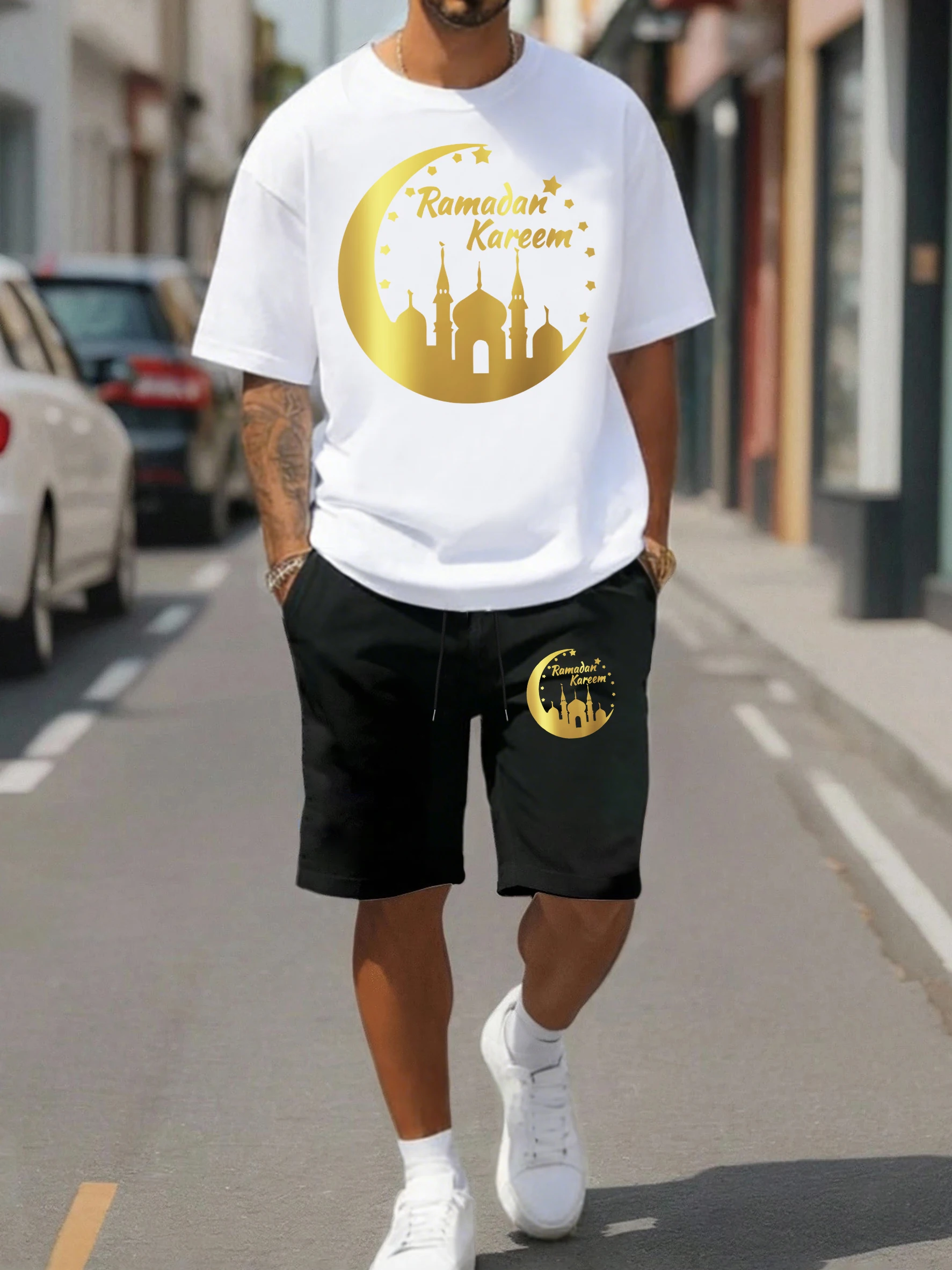 

Ramadan Kareem Moon Pattern Mens T Shirts Suit Cotton O-Neck Top Loose Drawstring Shorts Unisex Summer O-Neck Short Sleeve