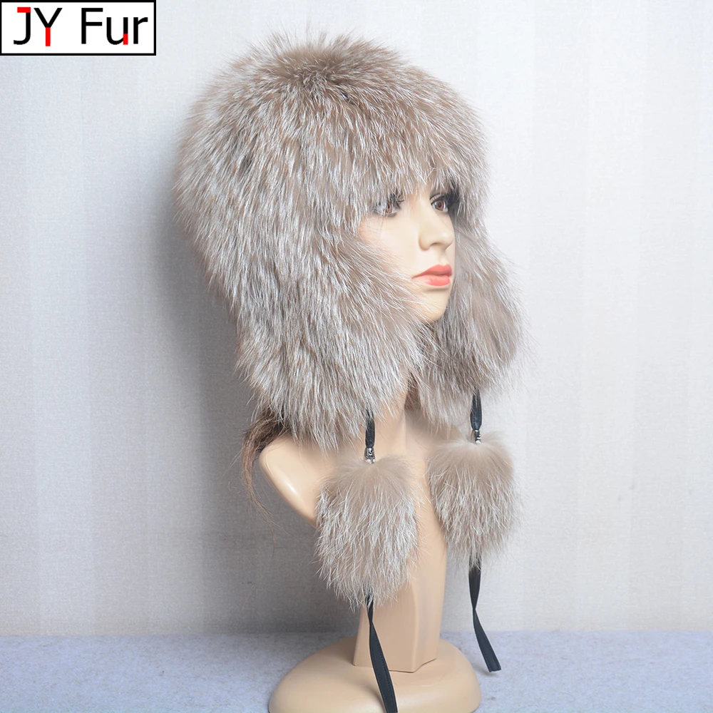 

Real Fox Fur Pompom Bomber Hats Russian Female Beanies Natural Raccoon Fur Hat Knitted Skullies Beanies Women's Cap Winter Hats