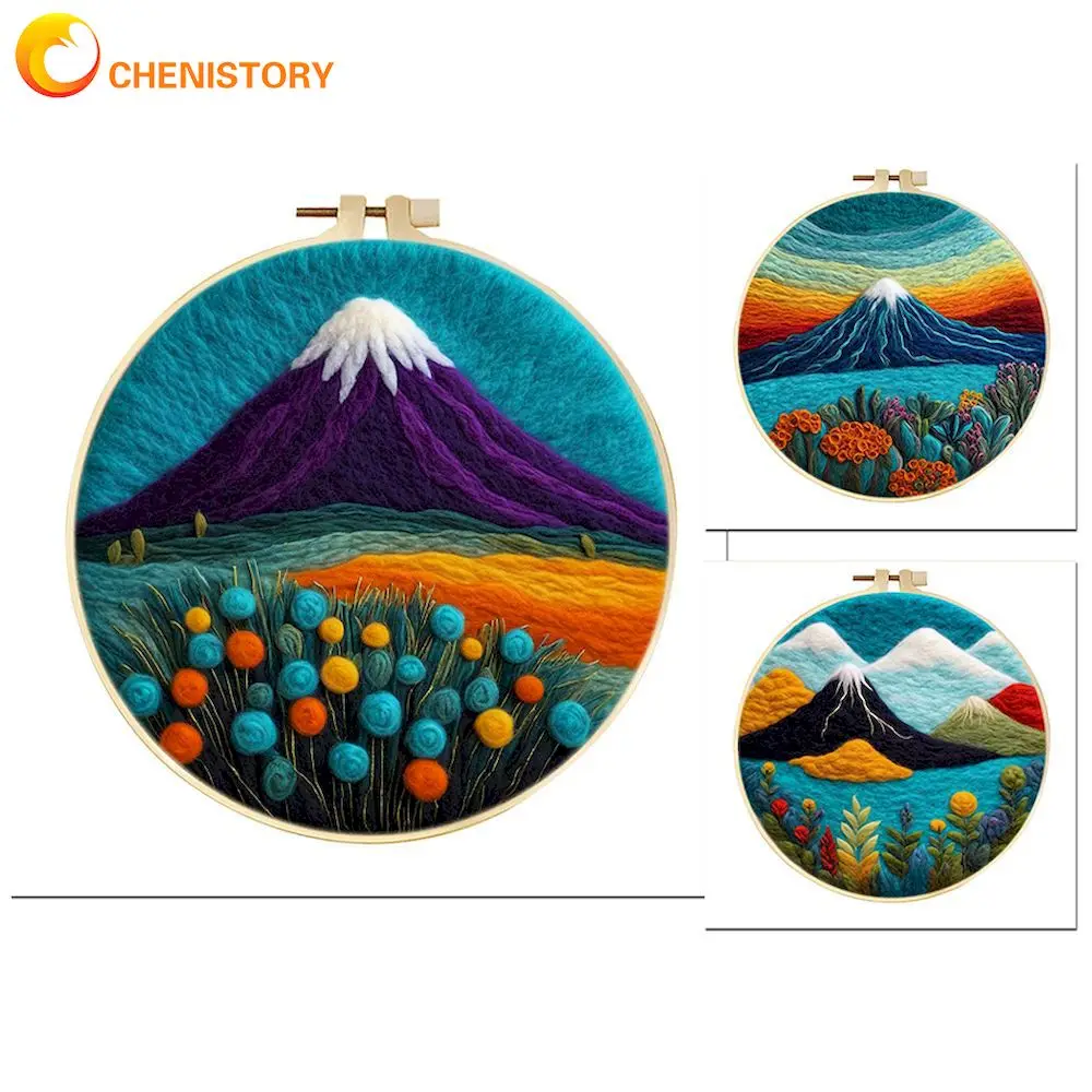 CHENISTORY Wool Felting Painting Kit Landscape Volcanic Sunrise Funny Diy Felt Crafts Package Felt Needle For Handwork Crafts